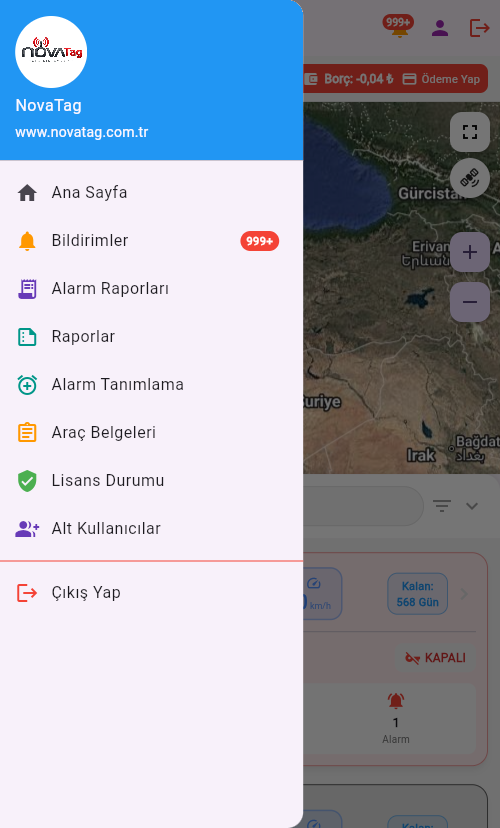 Sol menü: Ana Sayfa, Bildirimler, Raporlar ve diğer bölümler