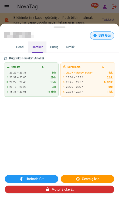 Hareket sekmesi: bugünkü hareket ve duraklama listesi