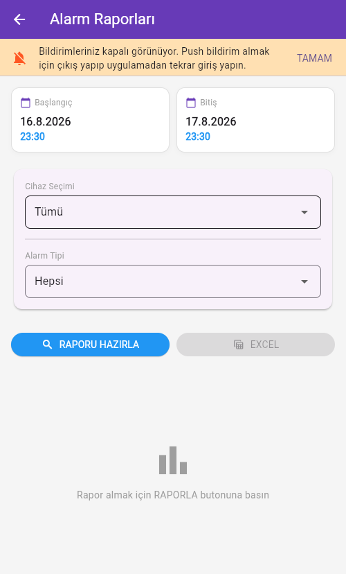 Alarm raporları ekranı