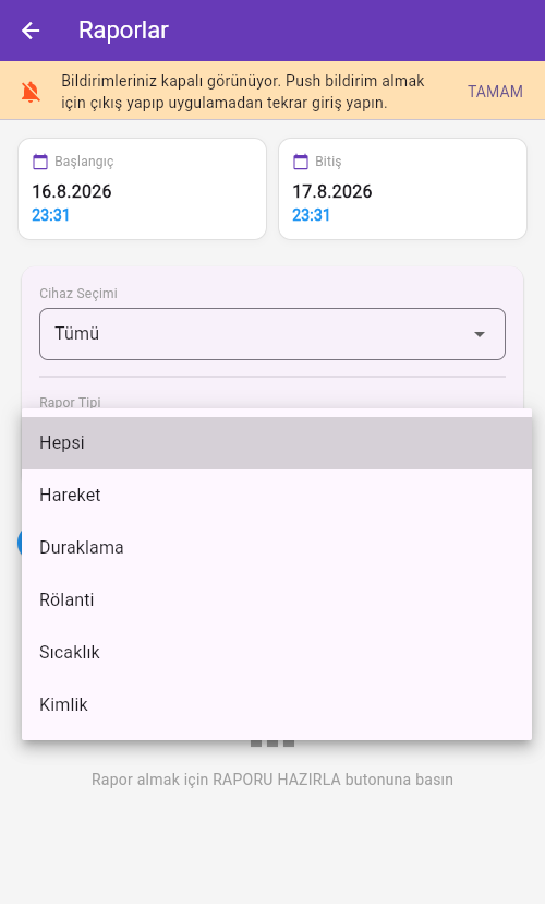 Rapor tipi seçimi listesi