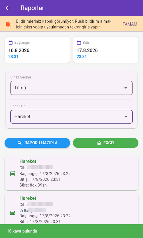 Hazırlanmış hareket raporu ve Excel düğmesi