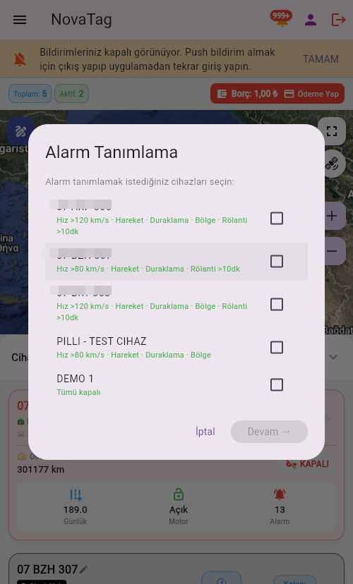 Alarm kurulacak araçları seçme penceresi