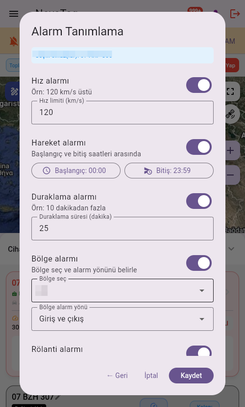 Hız, hareket, duraklama, bölge ve rölanti alarm ayarları