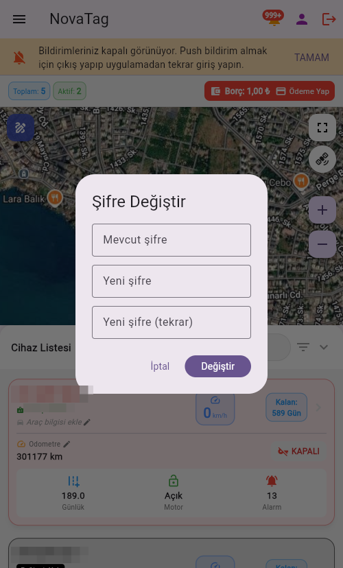 Şifre değiştirme penceresi